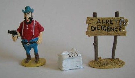 Lucky Luke n° 30 – Le braqueur de banques + la pile de journaux + le panneau d'arrêt de diligence